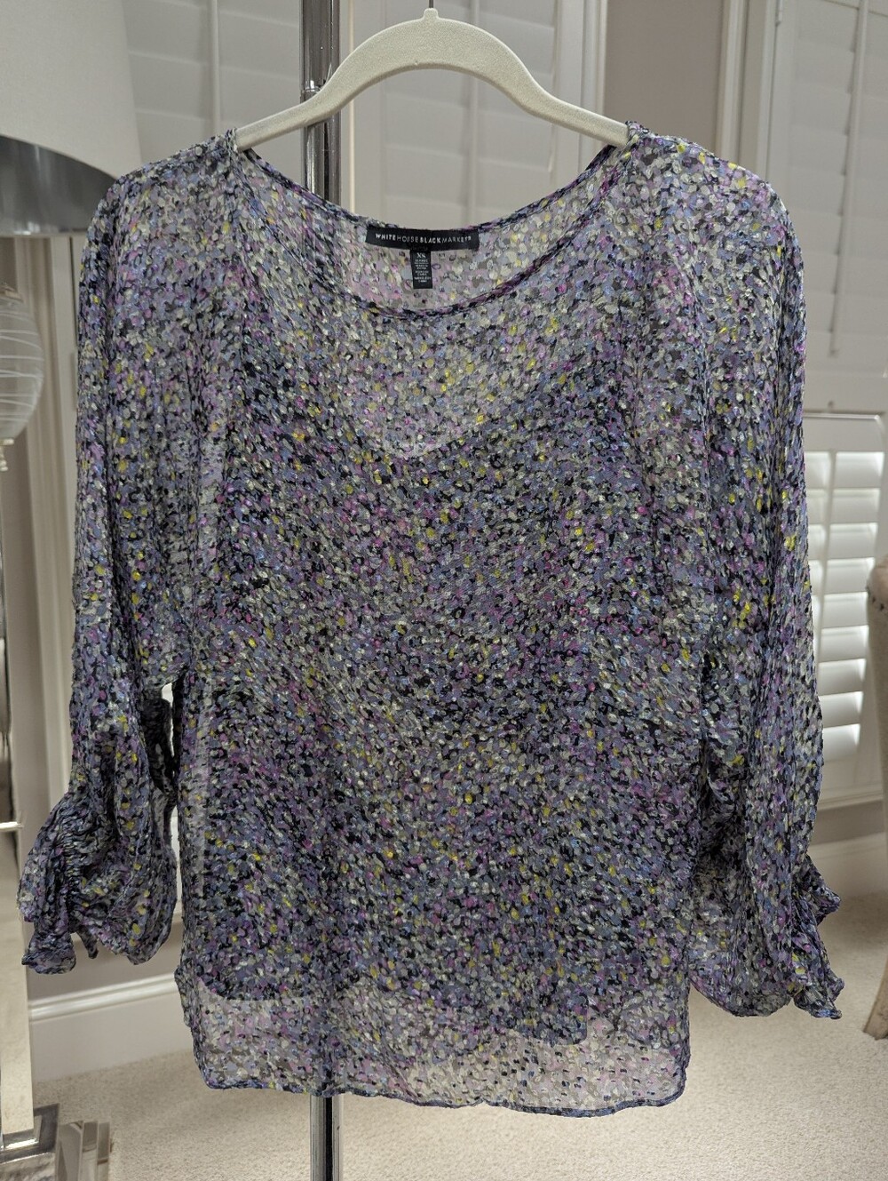 White House Black Market Purple Floral Sheer Blouse with Yellow Accents